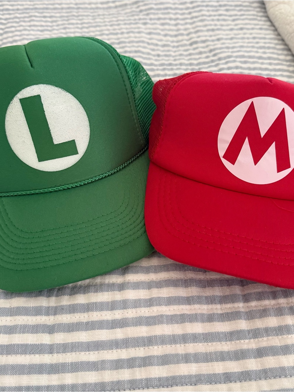 Red (youth sized) and Green (adult sized) Super Mario Inspired Trucker Hats